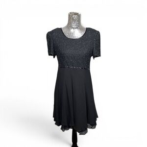 Vintage 90s Talbots Black Beaded Silk Chiffon Party Dress Size 12 Evening Prom
